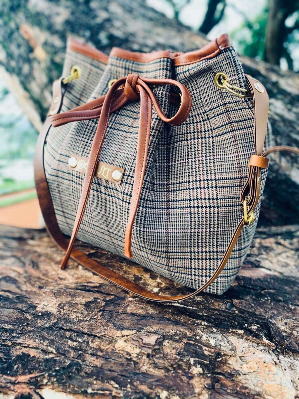 Brown Checked Bucket Bag - Image 2