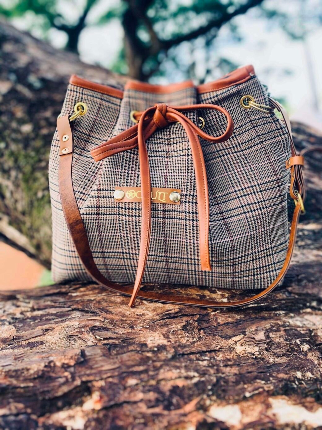 Brown Checked Bucket Bag