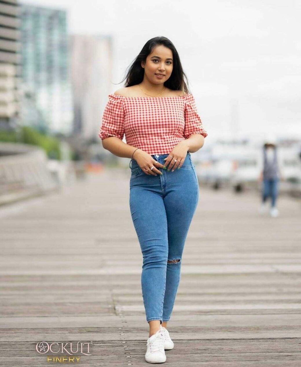 Red Gingham Print Puff Sleeve Blouse