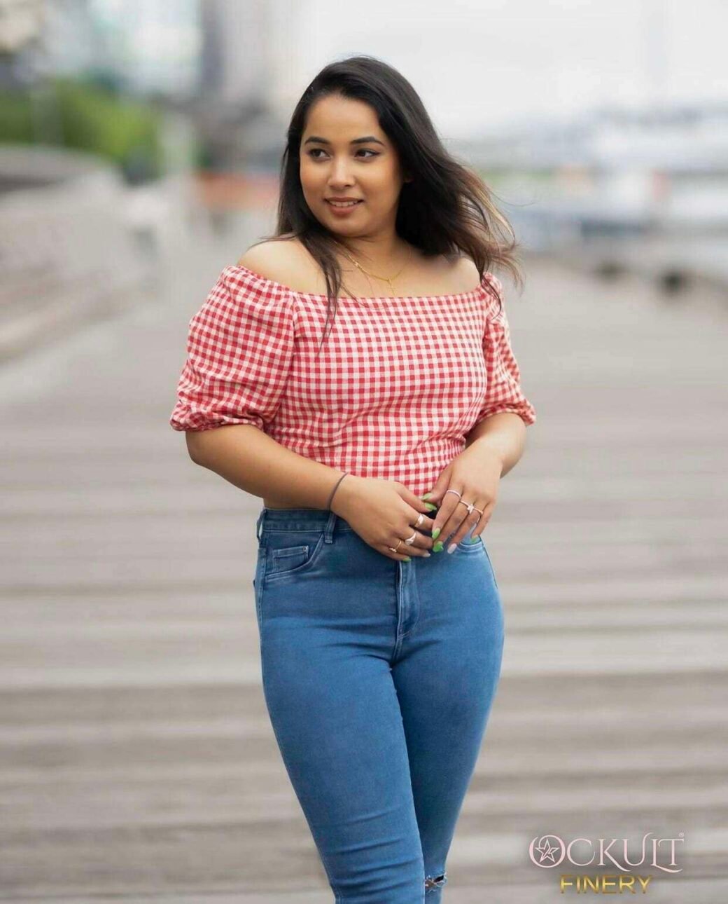 Red Gingham Print Puff Sleeve Blouse - Image 5