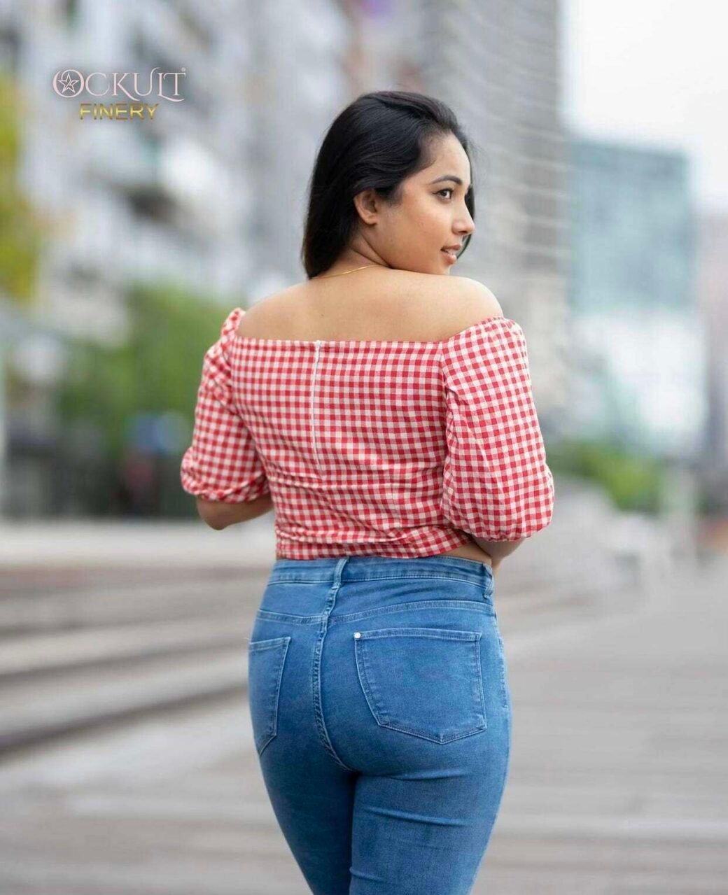 Red Gingham Print Puff Sleeve Blouse - Image 2