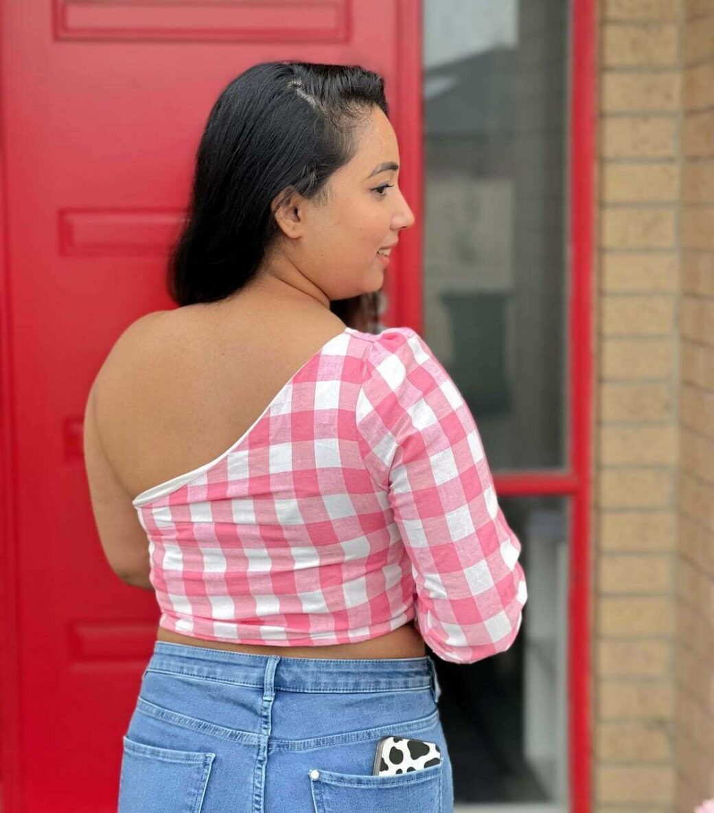 One Shoulder Gingham Print Dress - Image 2