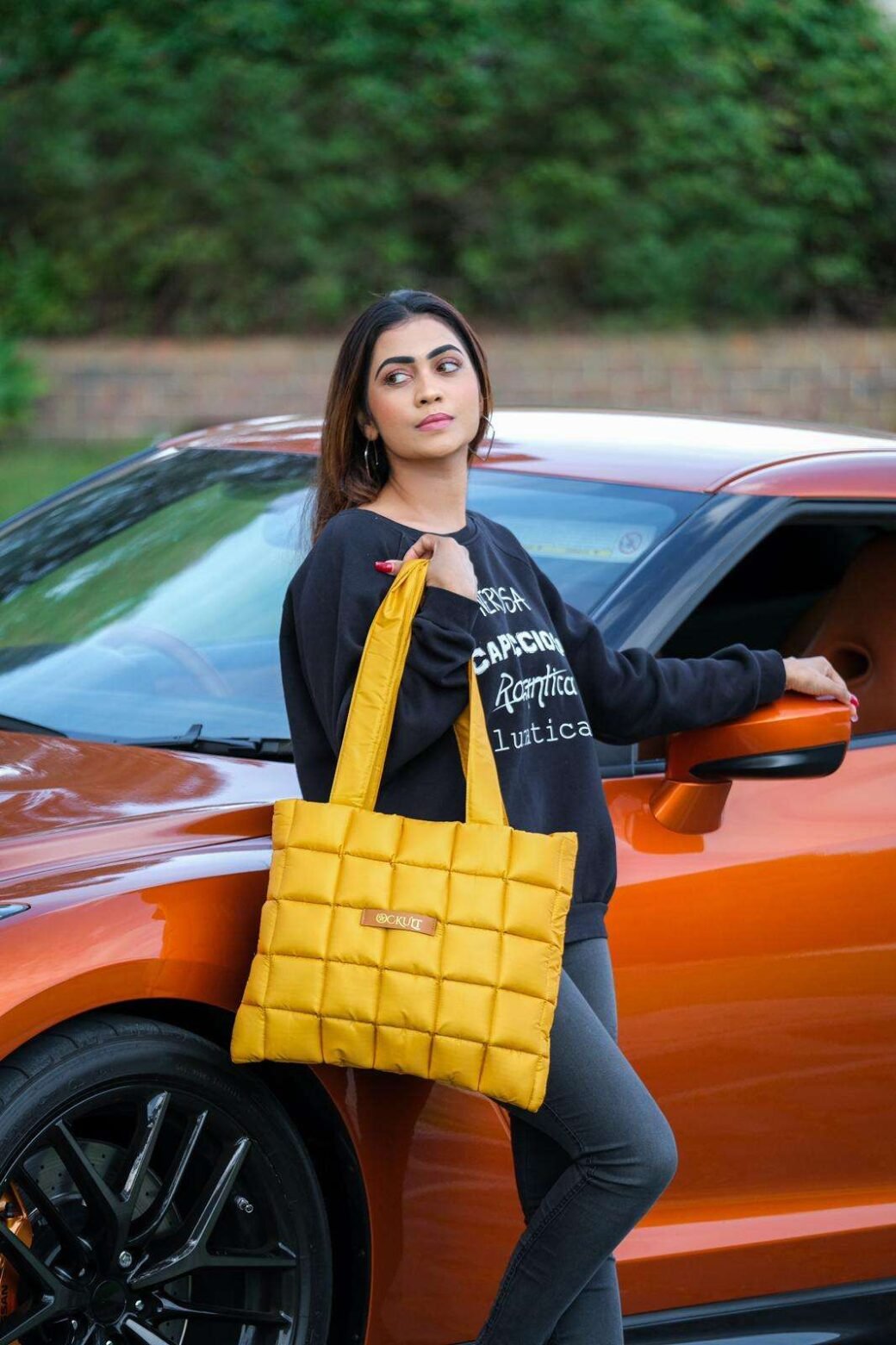 Yellow Quilted Shoulder Tote Bag - Image 3