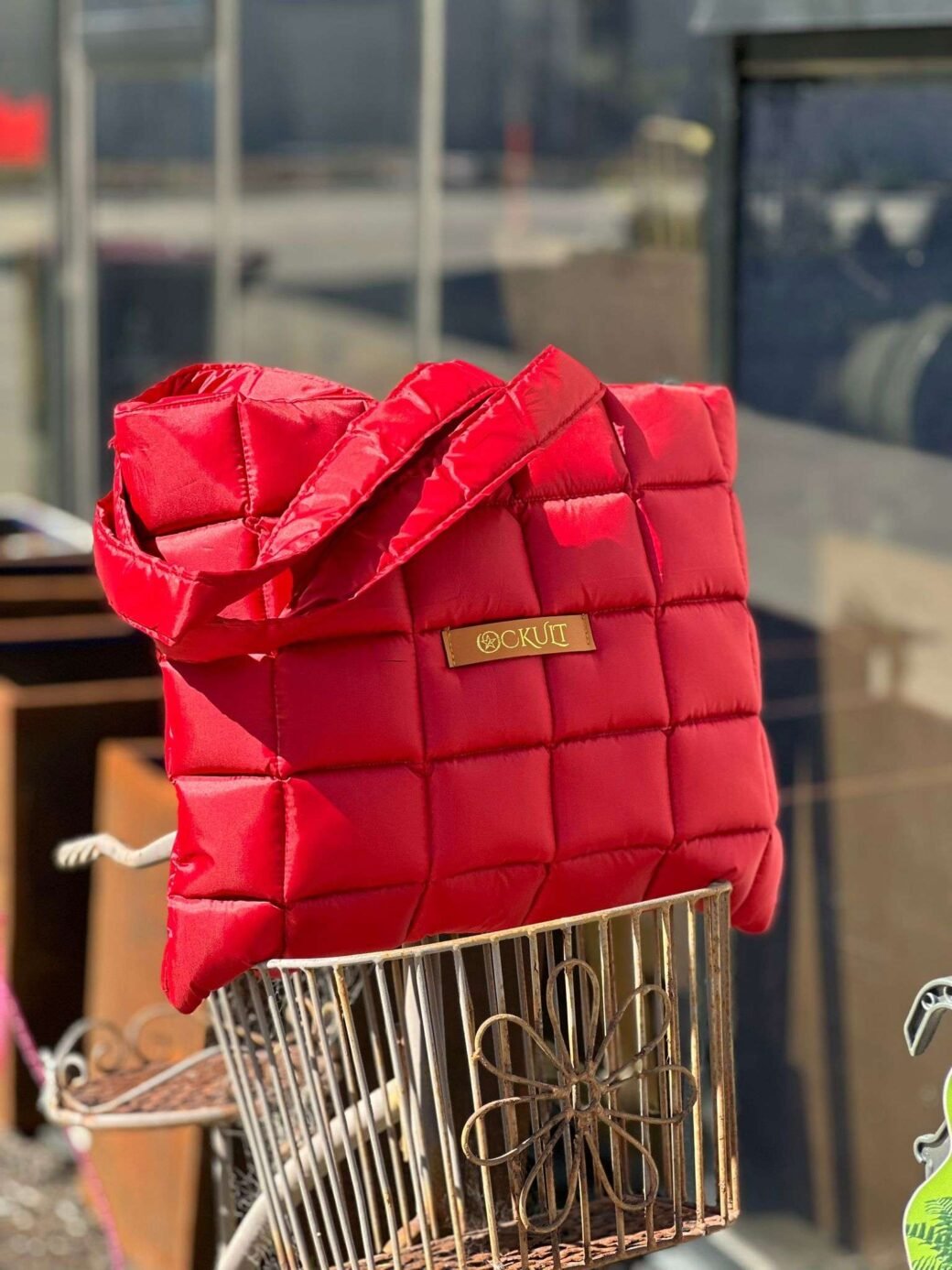Red Quilted Shoulder Tote Bag