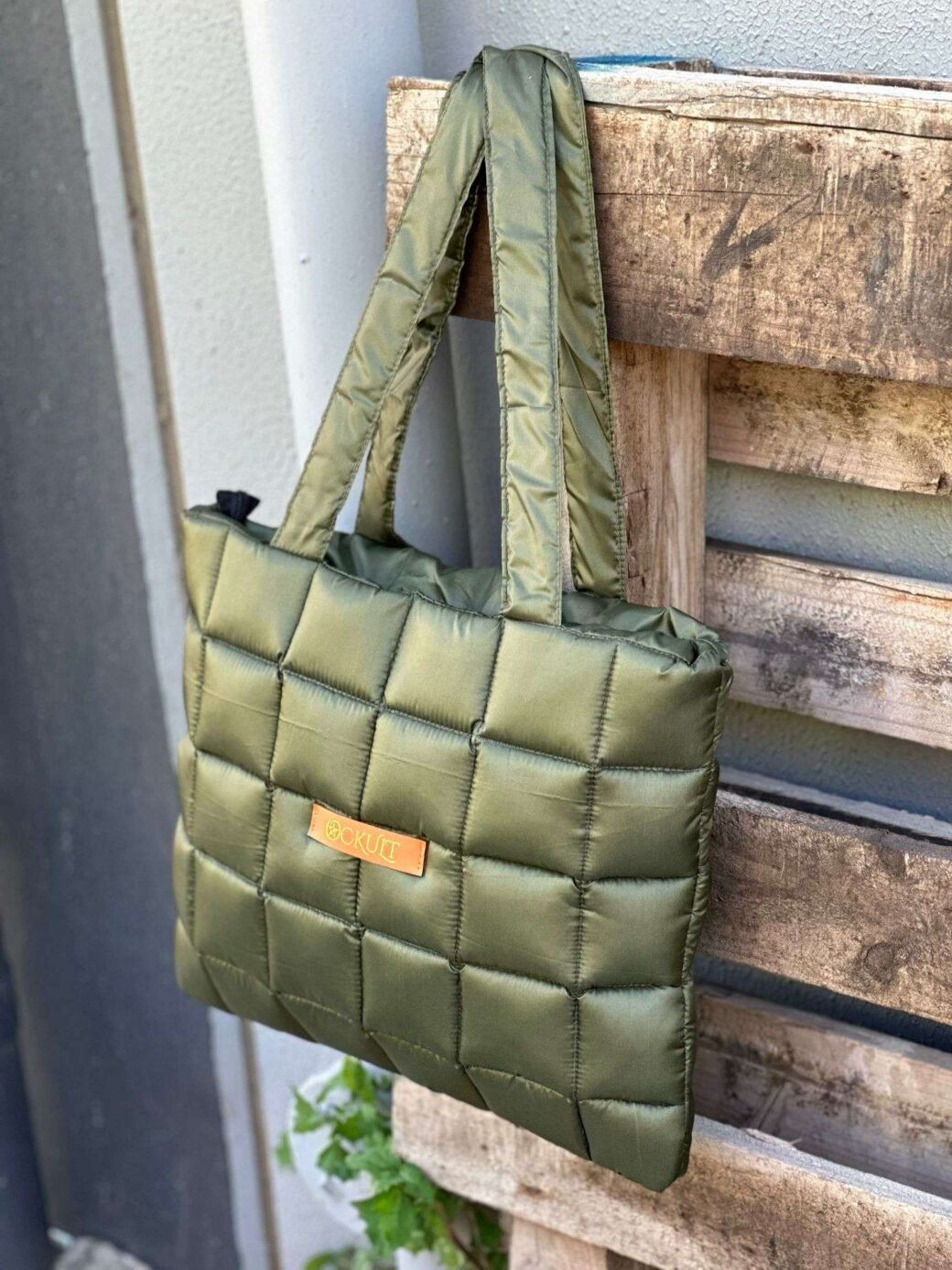 Green Quilted Shoulder Tote Bag