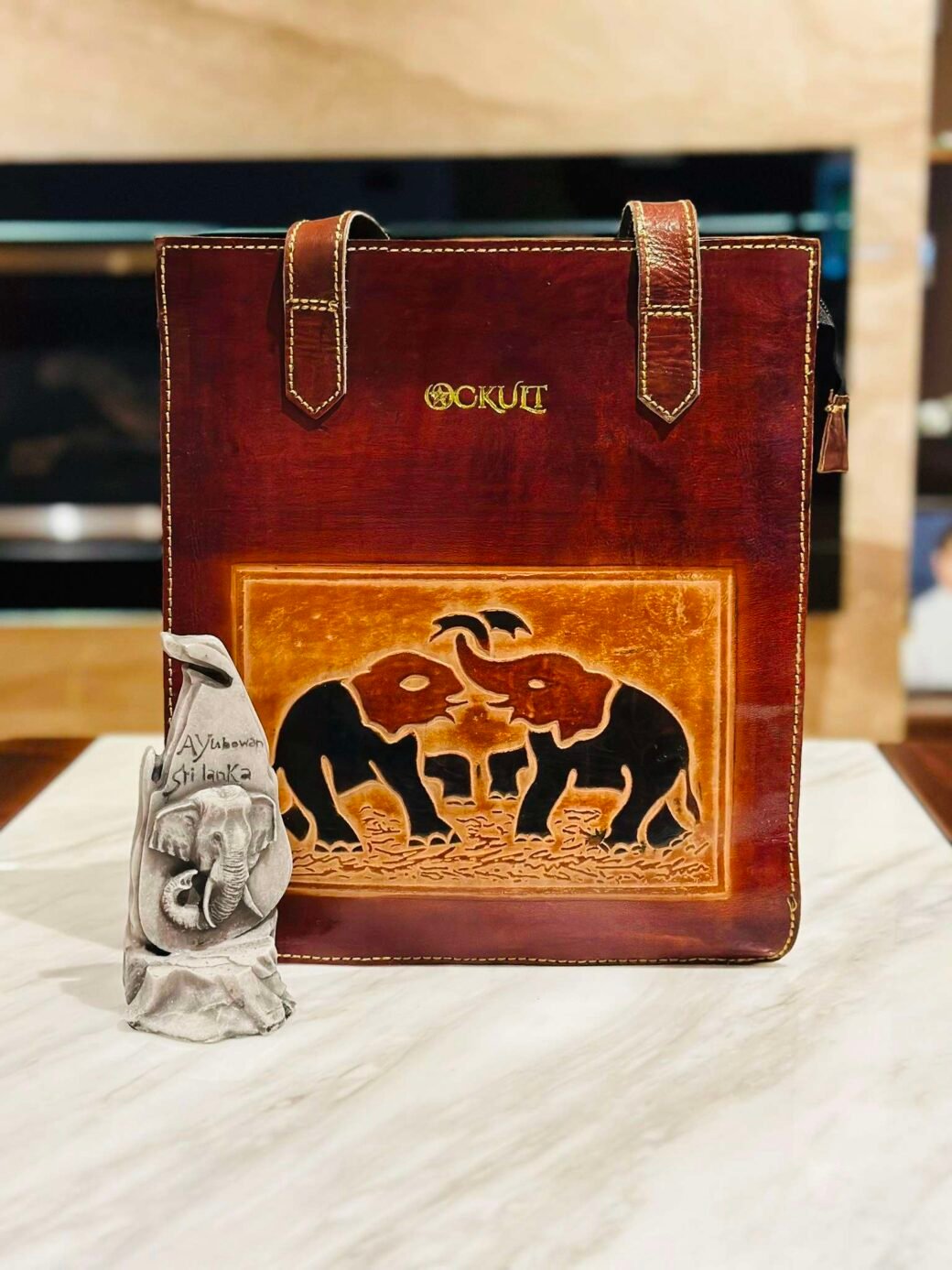 Brown Leather Elephant Tote Bag