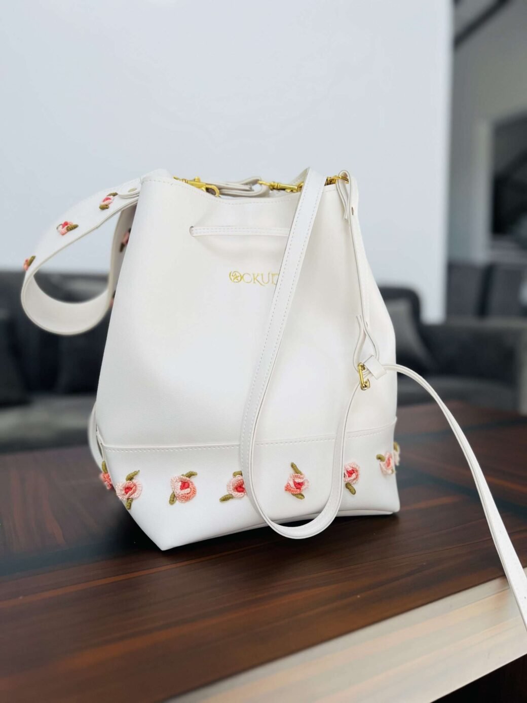 White Floral Embroidered Bucket Bag