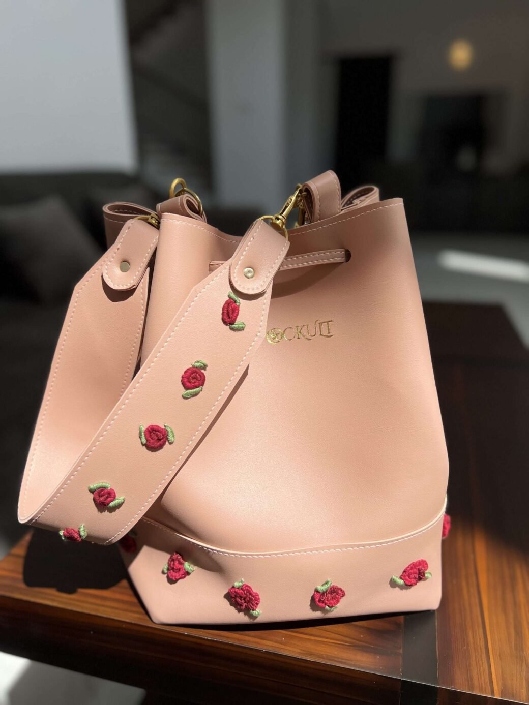 Pink Floral Embroidered Bucket Bag - Image 4