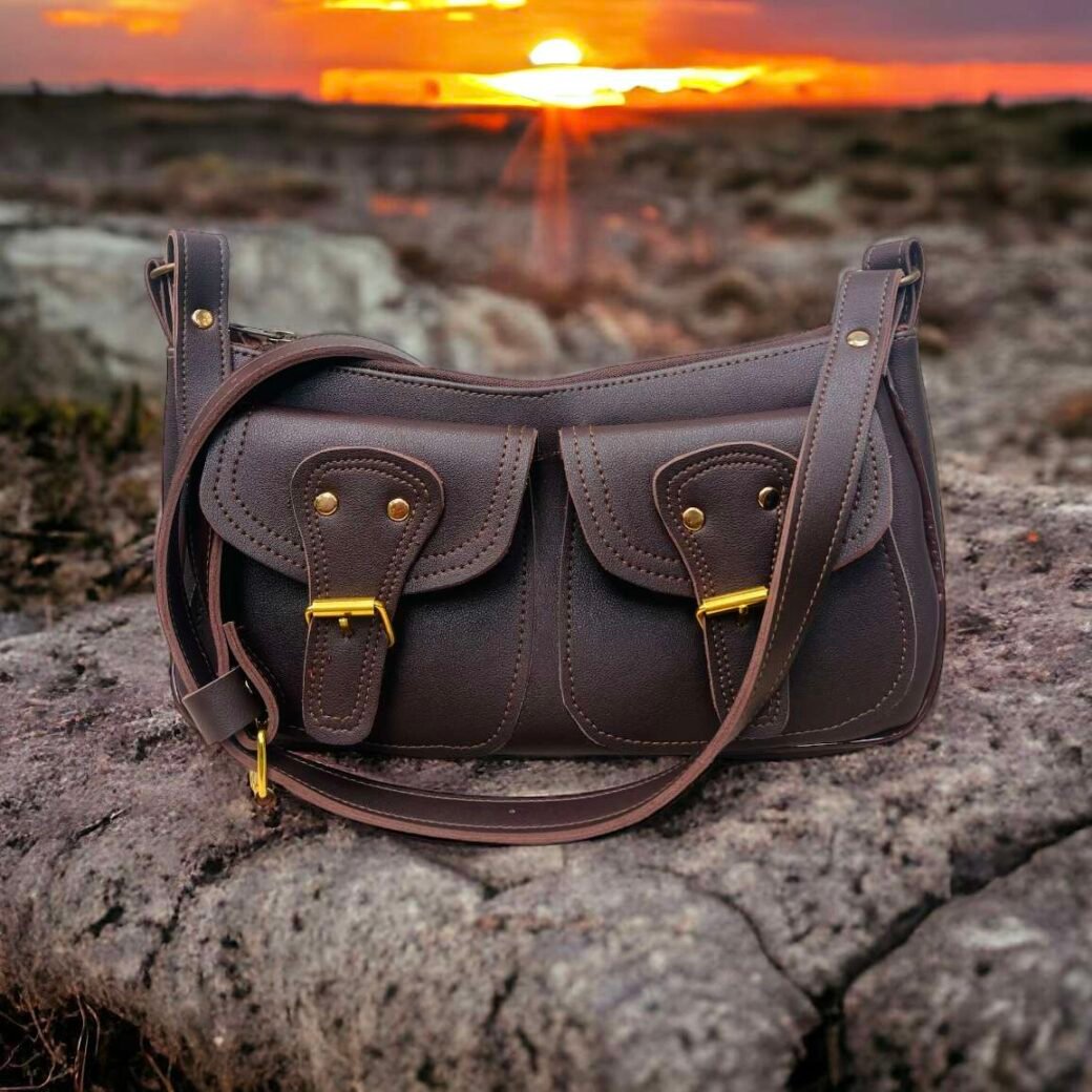 Brown Double Pocket Small Shoulder Bag - Image 3