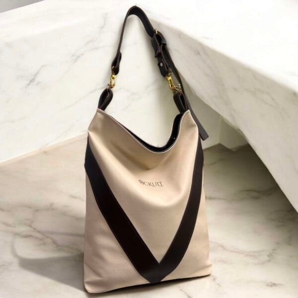 Beige Shoulder V Tote Bag
