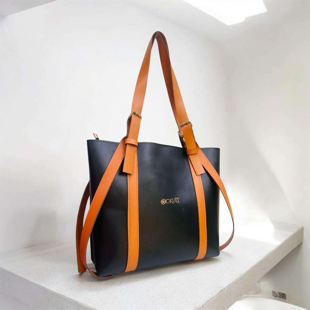Black Brown Double Strap Tote Bag - Image 3